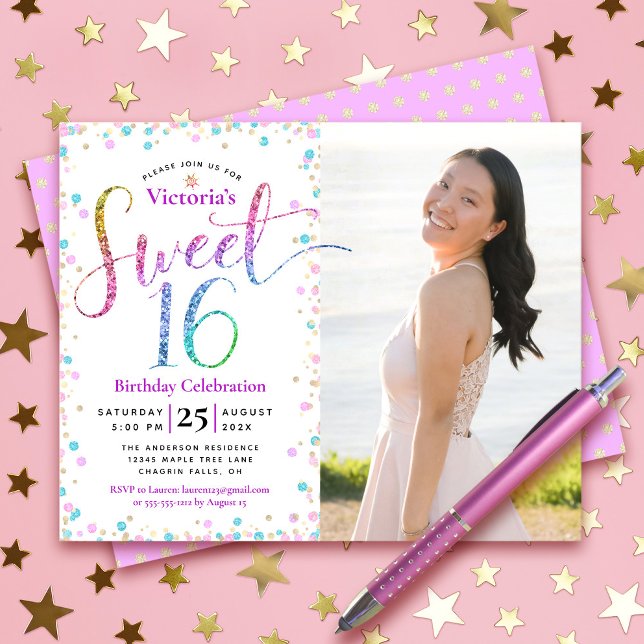 Budget Photo Sweet 16 Rainbow Glitter Dots Invite  (Creator Uploaded)