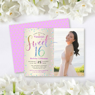 Budget Photo Sweet 16 Rainbow Glitter Gold Invite 