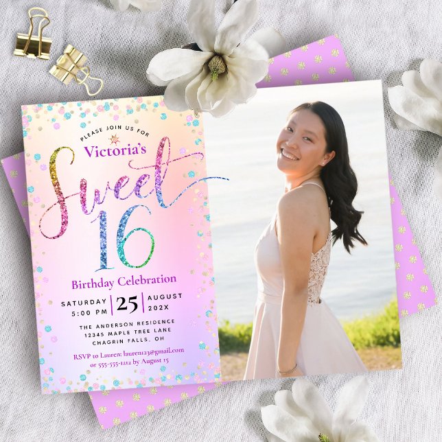Budget Photo Sweet 16 Rainbow Glitter Invitation (Creator Uploaded)
