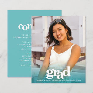 Budget photo turquoise blue graduation bold invite