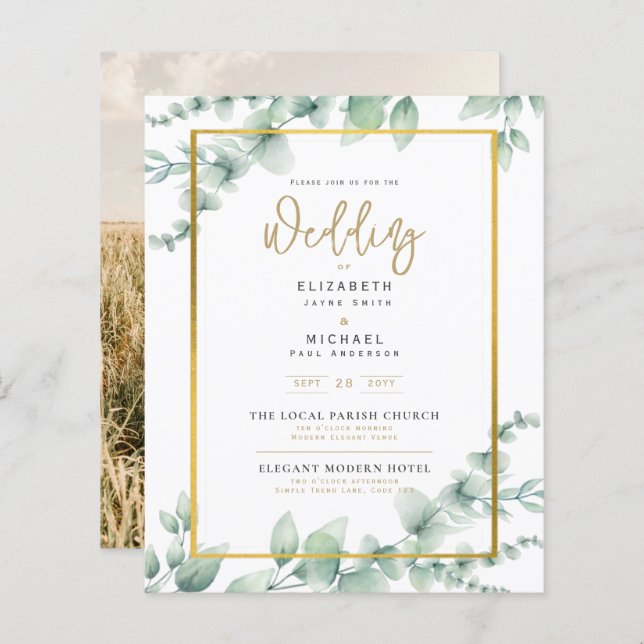 BUDGET Photo Wedding Invitation Botanical Greenery (Front/Back)