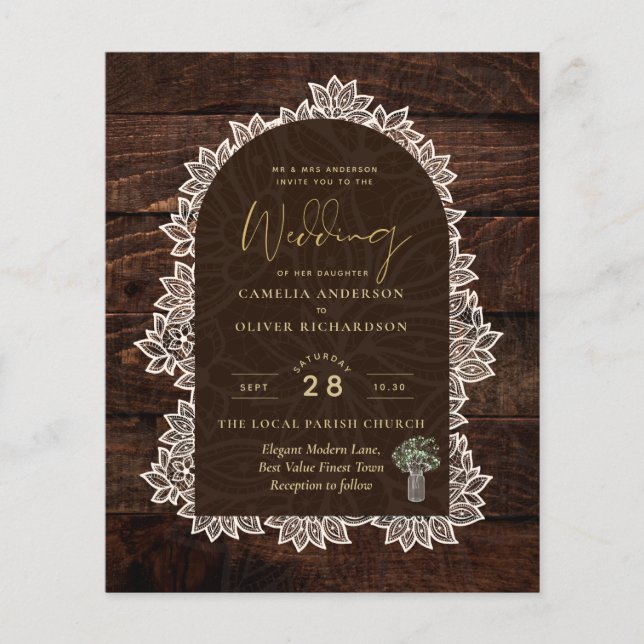 Budget Photo Wedding Invitation Rustic Lace Wood Flyer (Front)