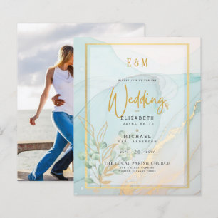Budget Photo Wedding Invitations Sea Glass Gold  