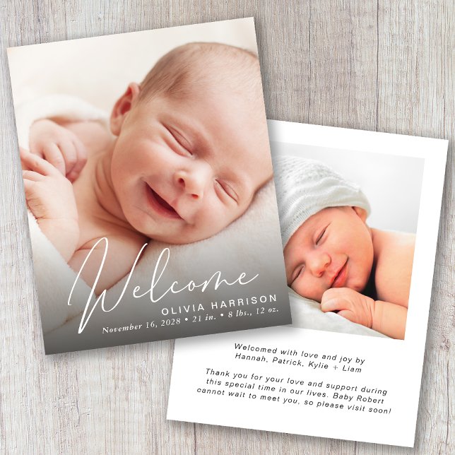 Budget Photo White Script Birth Announcement (A beautiful and unique way to thank family and friends and introduce them to your precious  baby)