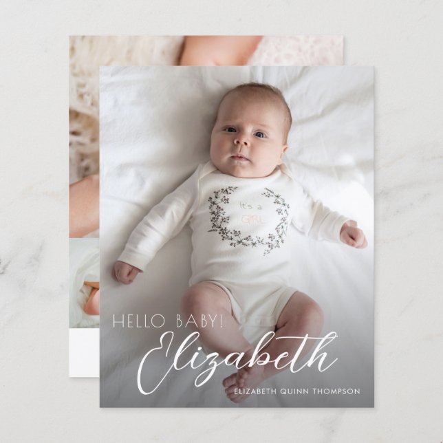 Budget Photo White Script Birth Announcement (Front/Back)