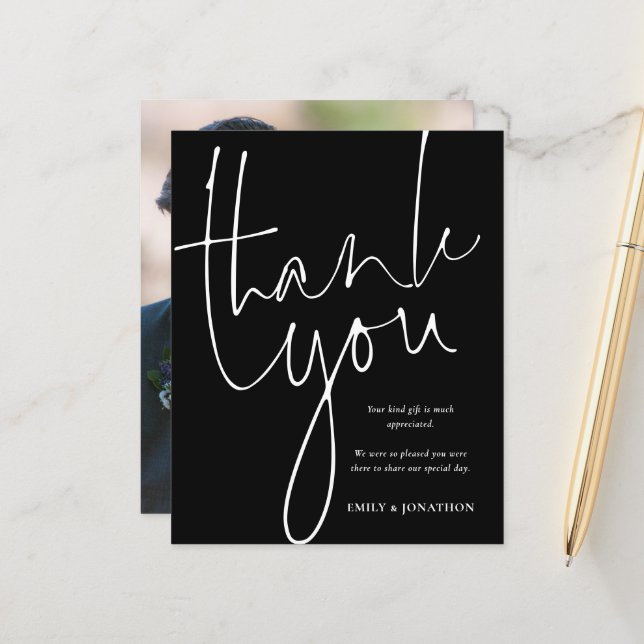 Budget Photo White Script Black Wedding Thank You (Front/Back In Situ)