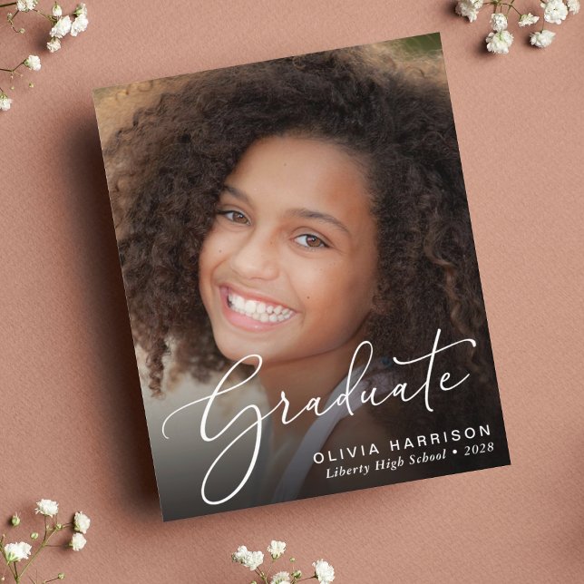 Budget Photo White Script Graduation Announcement (An elegant photo graduation announcement to celebrate the graduate's achievements)