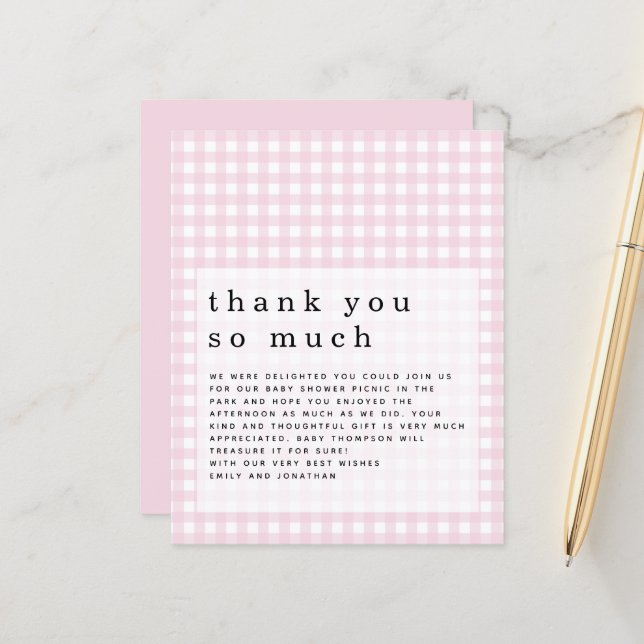Budget Picnic Baby Shower Pink Gingham Thank You (Front/Back In Situ)