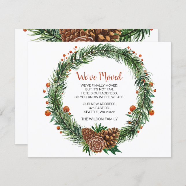 Budget Pine Cone Wreath Weve Moved Holiday Card (Front/Back)
