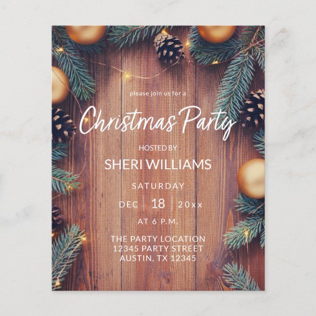 Budget Pine & Gold Ornament Rustic Christmas Party Flyer (Front)