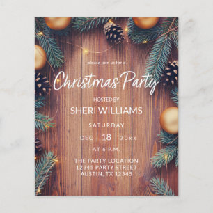 Budget Pine & Gold Ornament Rustic Christmas Party Flyer