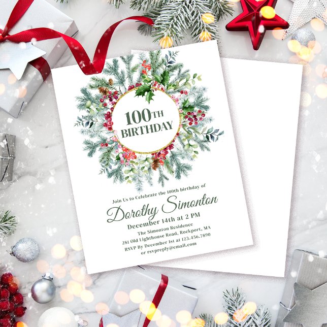 Budget Pine Holly Berry 100th Birthday Invitation (Need a matching welcome sign? Maybe napkins and paper plates. Something else? Message me!)