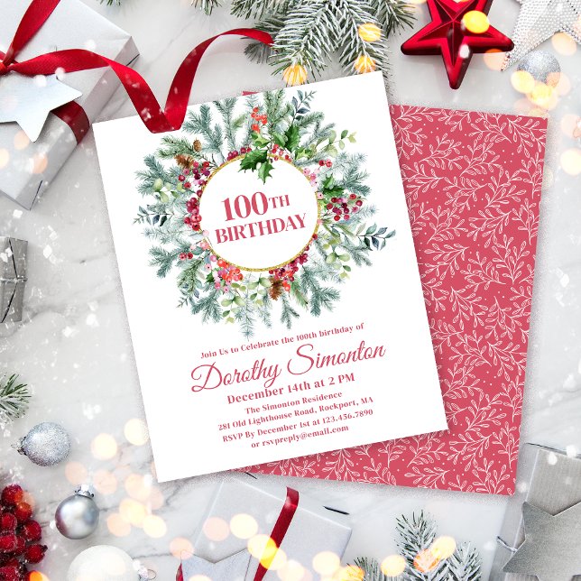 Budget Pine Holly Berry 100th Birthday Invitation (Need a matching welcome sign? Maybe napkins or paper plates. Something else? Message me!)