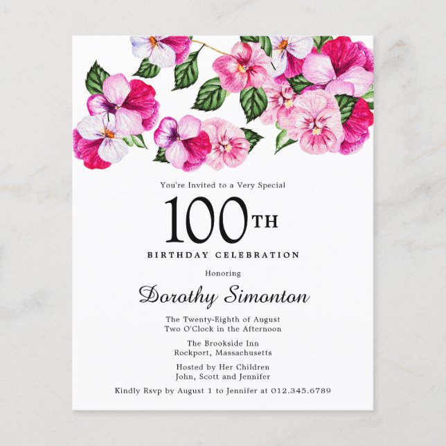 Budget Pink and White Floral 100th Birthday Party (Front)