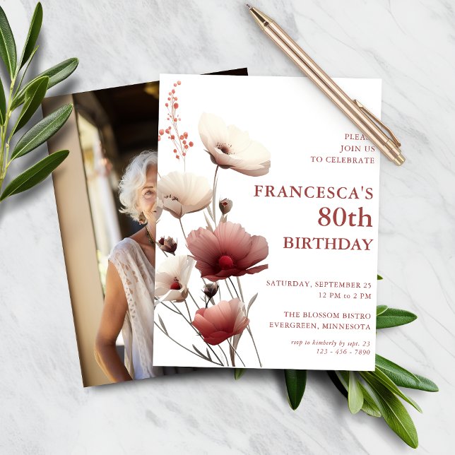 Budget Pink and White Poppy 80th Birthday Invite (Creator Uploaded)
