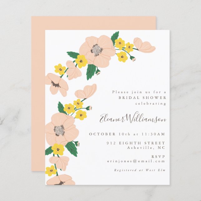 Budget Pink and Yellow Floral Bridal Shower Invite (Front/Back)