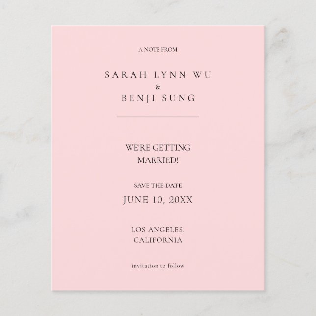 Budget Pink B Minimalist Mod 2V2 Save the Date Flyer (Front)