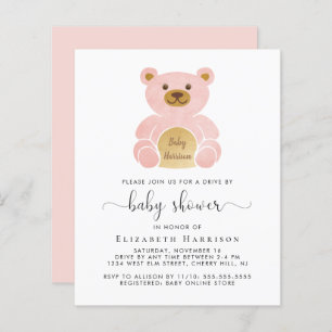 Budget Pink Bear Drive By Baby Shower Invitation