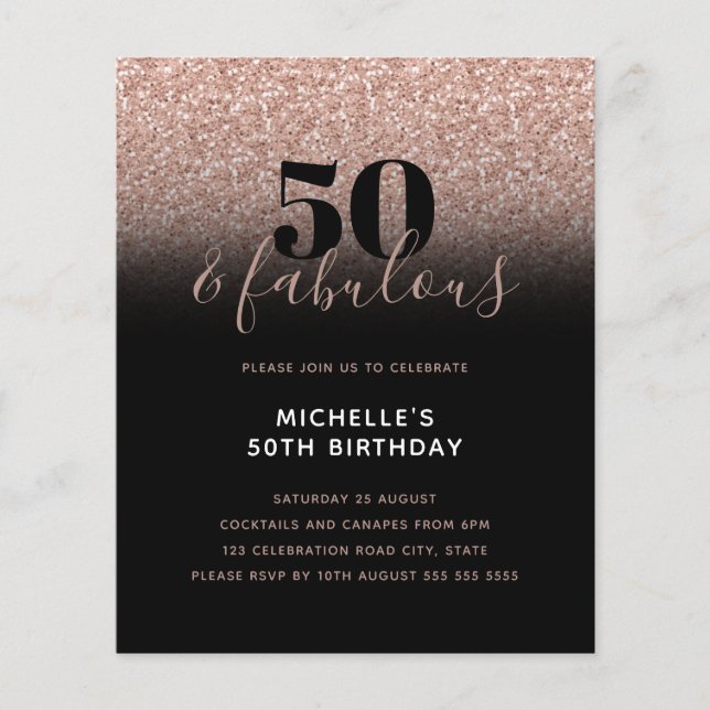Budget Pink Black 50 & Fabulous Birthday Invite (Front)