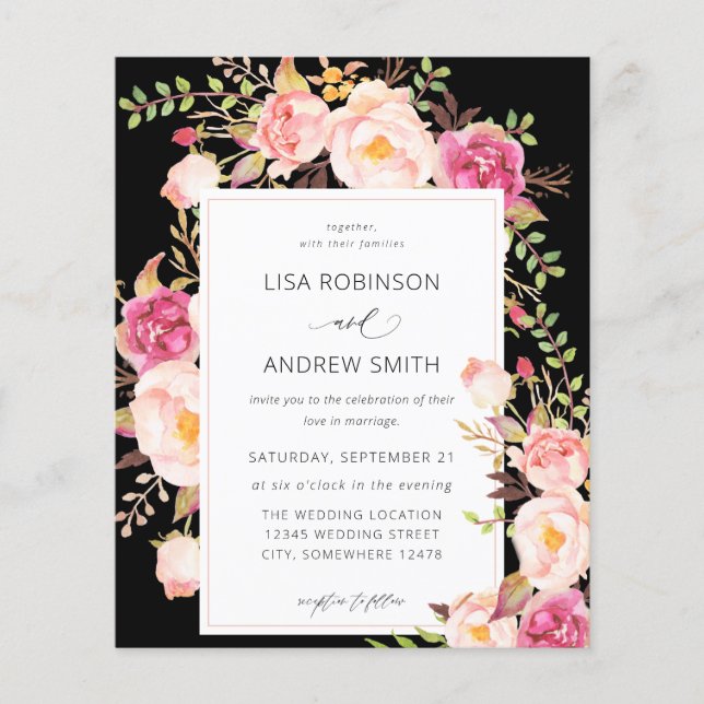 Budget Pink Blooming Blush Floral Wedding V3 Black Flyer (Front)