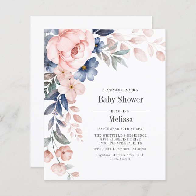 Budget Pink Blue Floral Baby Shower Invitation (Front/Back)
