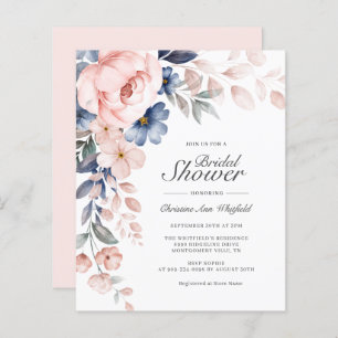 Budget Pink Blue Floral Bridal Shower Invitation