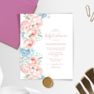 Budget Pink & Blue Flowers Baby Shower Invitation