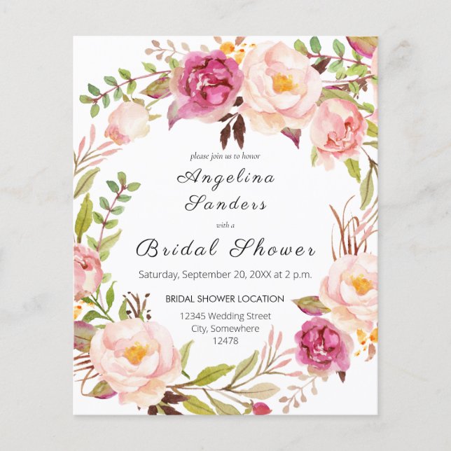 Budget Pink Blush Blooming Bridal Shower Flyer (Front)