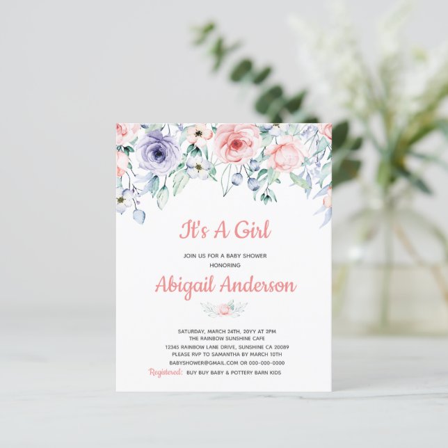 Budget Pink Blush Floral Baby Shower Invitation  (Standing Front)
