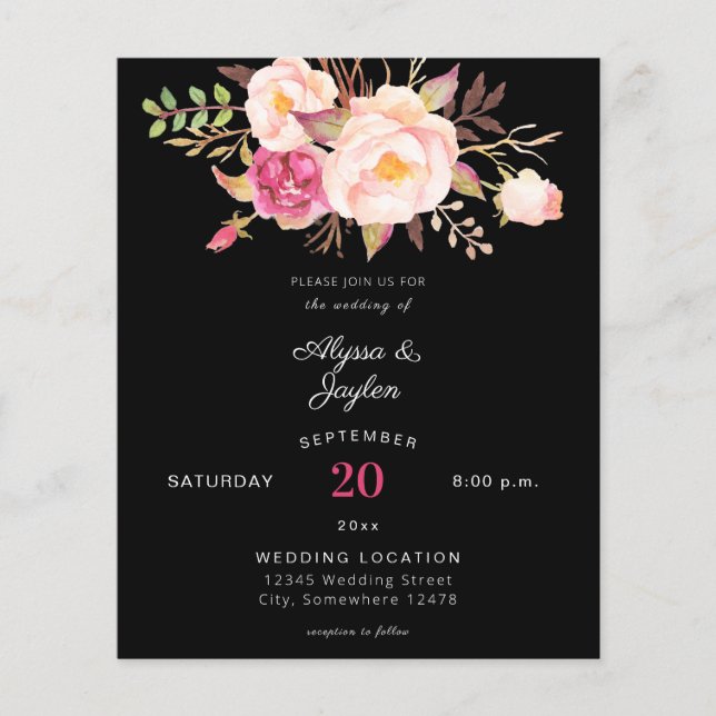 Budget Pink Blush Floral Black Wedding Flyer (Front)