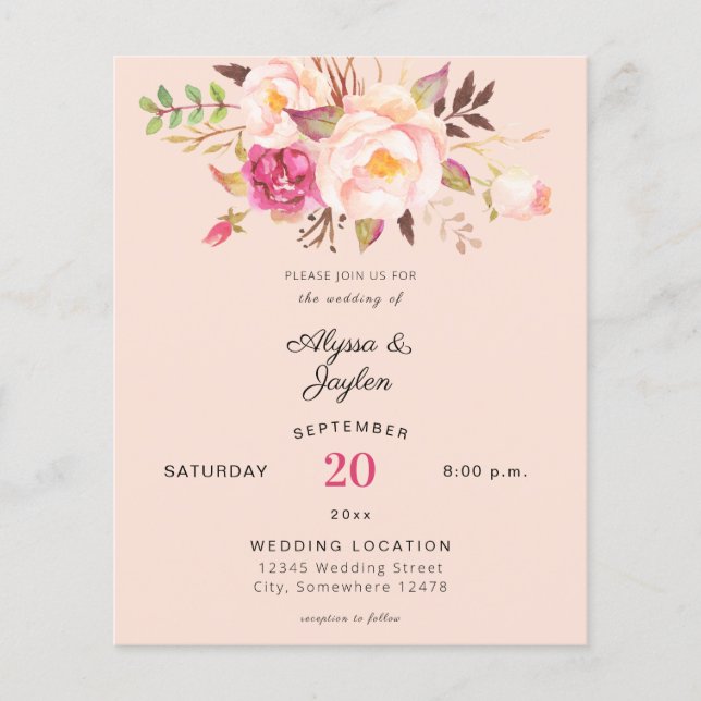 Budget Pink Blush Floral Peach Pink Wedding Flyer (Front)