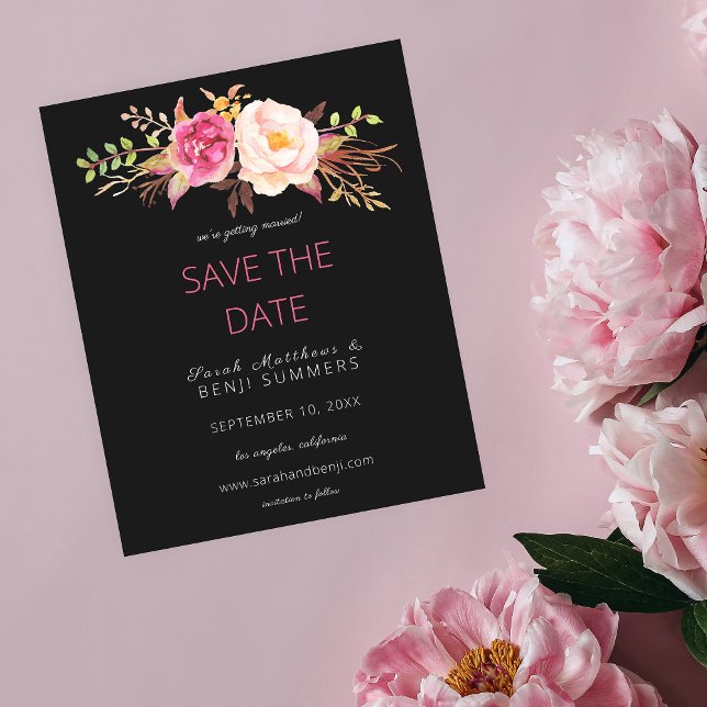 Budget Pink Blush Floral Save the Date - Black Flyer (Creator Uploaded)