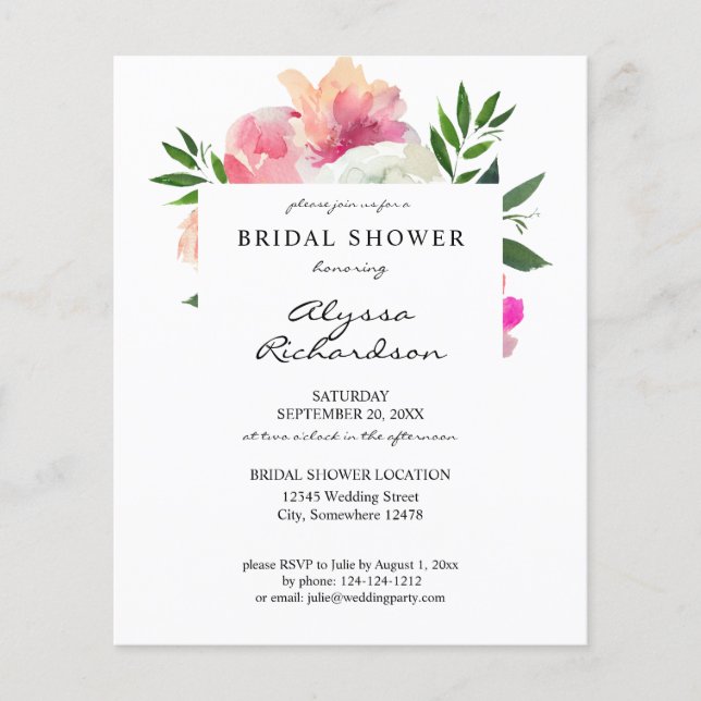 Budget Pink Blush White Floral 1C Bridal Shower Flyer (Front)