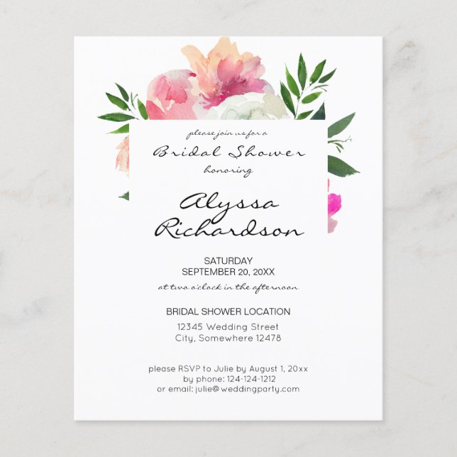 Budget Pink Blush White Floral Bridal Shower Flyer (Front)
