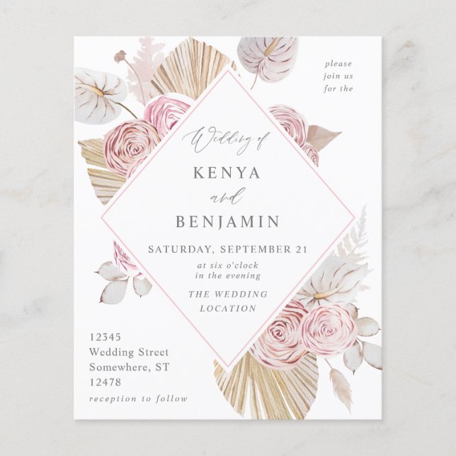 Budget Pink Boho Floral Wedding Flyer (Front)