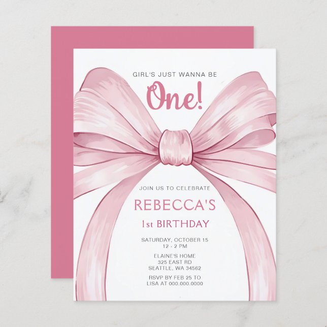 Budget Pink Bow Coquette First Birthday Invitation (Front/Back)