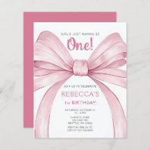 Budget Pink Bow Coquette First Birthday Invitation