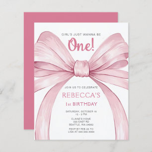 Budget Pink Bow Coquette First Birthday Invitation