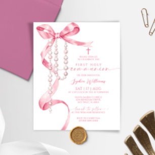 Budget Pink Bow First Communion Invitation