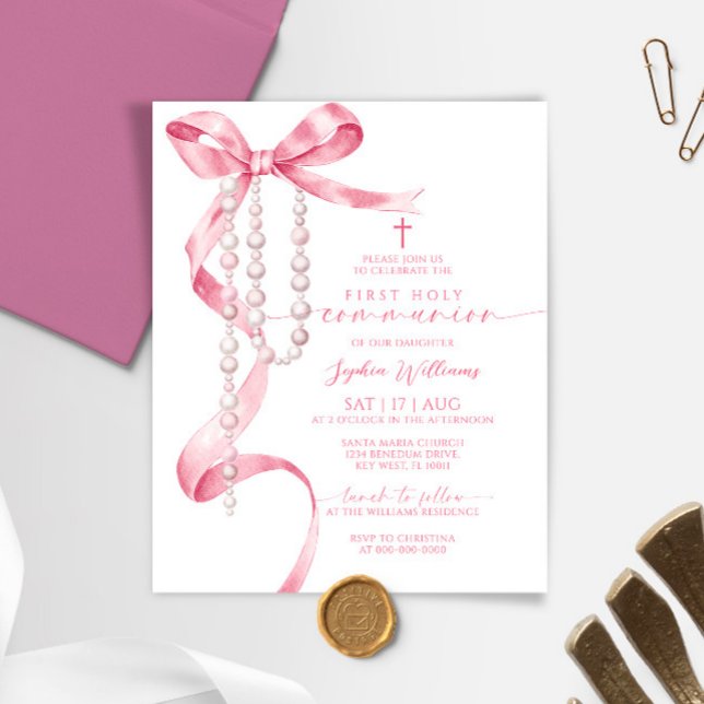 Budget Pink Bow First Communion Invitation (Creator Uploaded)