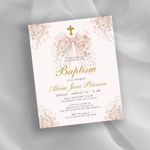 Budget pink bow floral girls baptism invitation