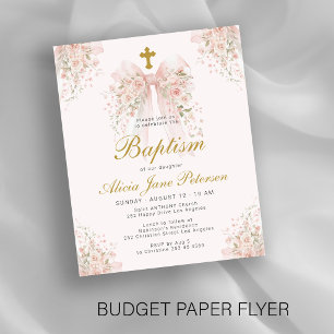 Budget pink bow floral girls baptism invitation flyer