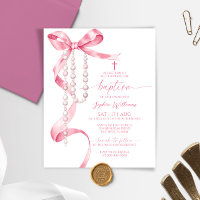 Budget Pink Bow & Rosary Baptism Invitation
