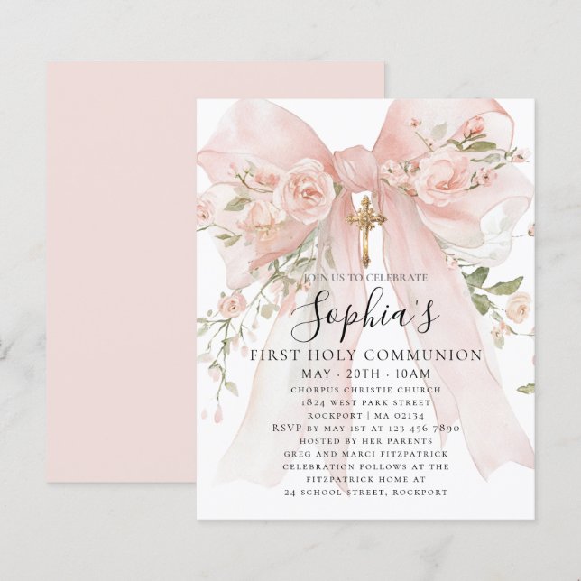BUDGET Pink Bow Rose Floral First Communion Invite (Front/Back)