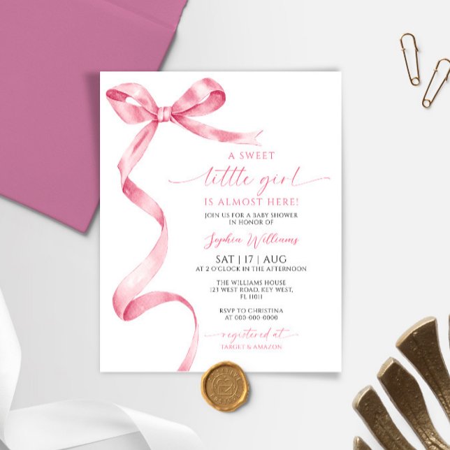Budget Pink Bow Sweet Girl Baby Shower Invitation (Creator Uploaded)