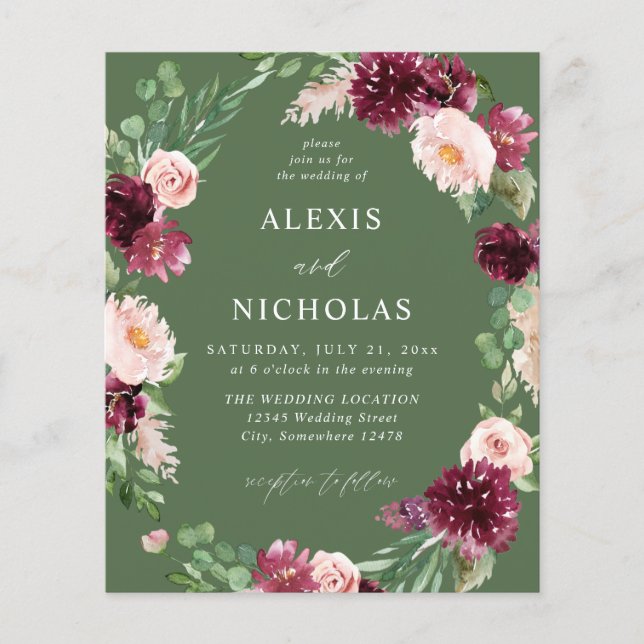 Budget Pink & Burgundy Floral 7 Wedding - Green Flyer (Front)