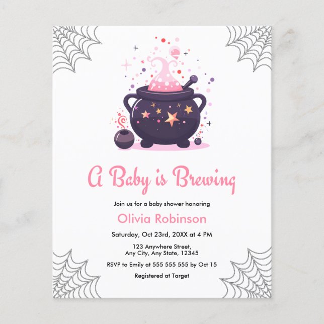 Budget Pink Cauldron Halloween Baby Shower Invite Flyer (Front)