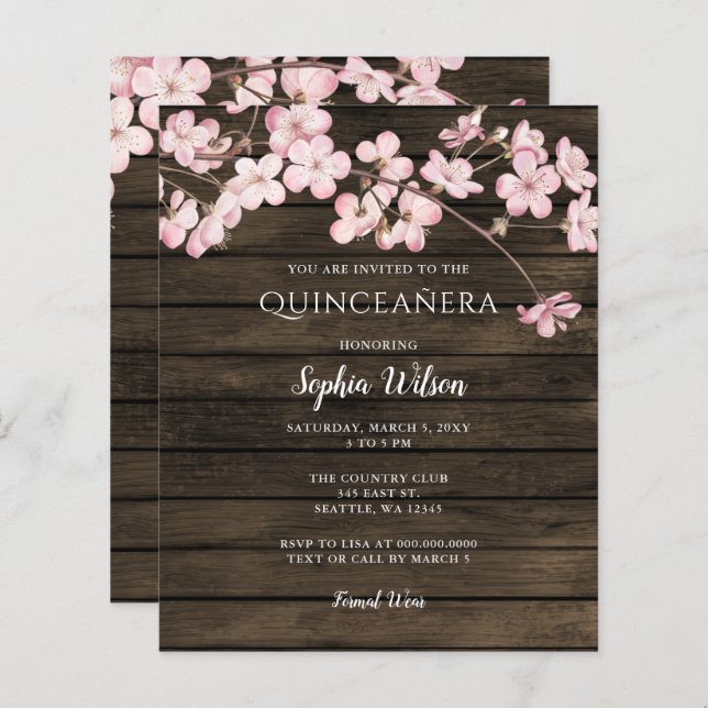 Budget Pink Cherry Blossoms Quinceañera Invitation (Front/Back)