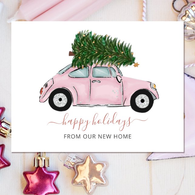 Budget Pink Christmas Car Weve Moved Holiday Card (Creator Uploaded)