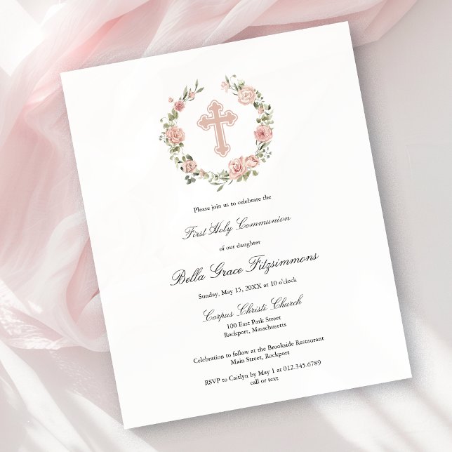 Budget Pink Cross Wreath First Communion Invite (Creator Uploaded)